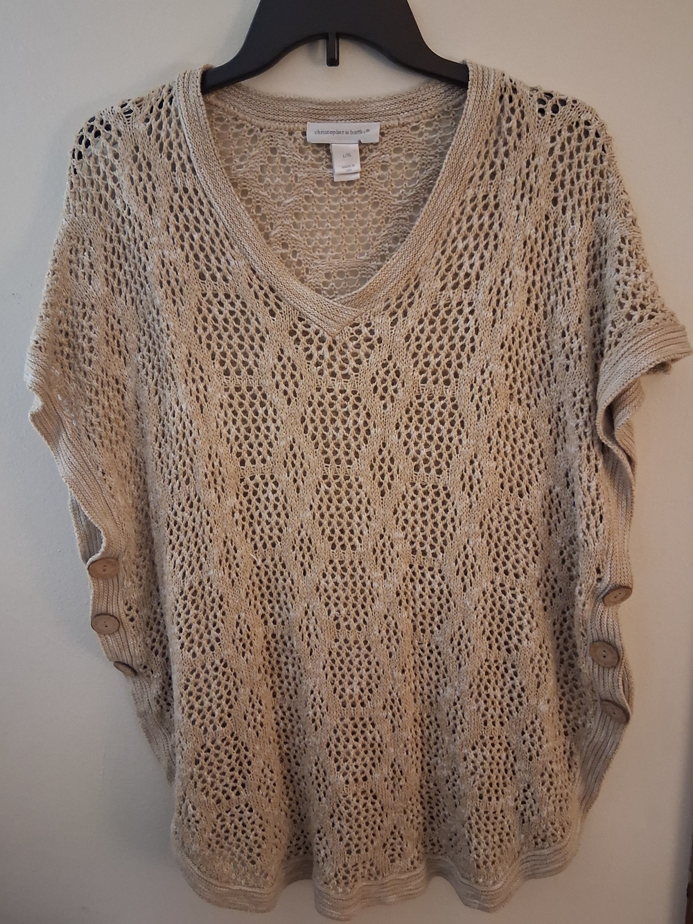 Christopher & Banks Open-Knit V-Neck Sweater in Beige with Side Button Detail